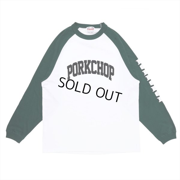 画像1: PORKCHOP/COLLEGE RAGLAN L/S TEE（WHITE/GREEN）［ラグラン長袖T-23春夏］