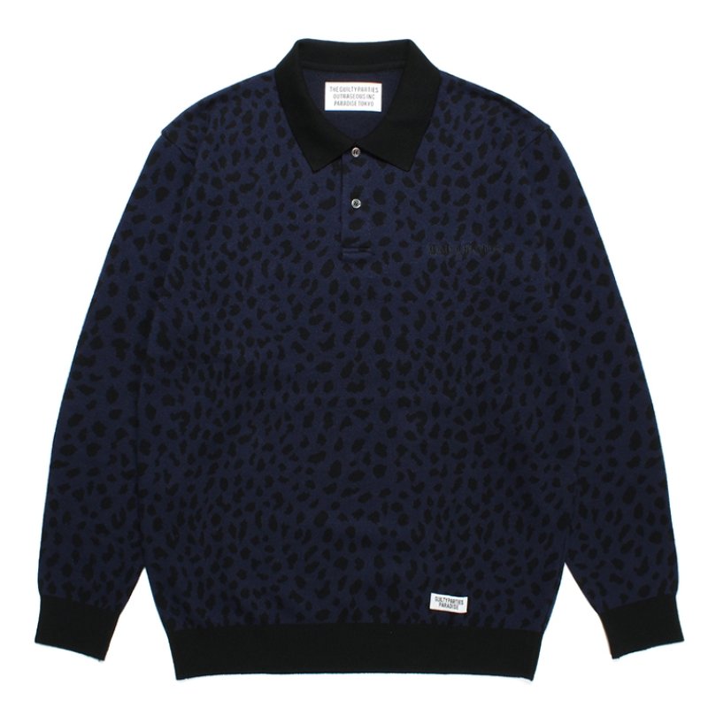 画像1: WACKO MARIA/LEOPARD KNIT JACQUARD POLO SHIRT（NAVY）［レオパードジャガードポロシャツ-23秋冬］