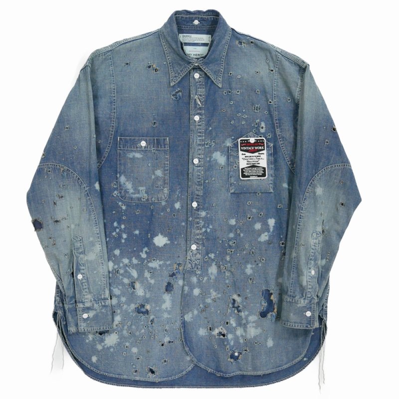 画像1: 【40%OFF】DAIRIKU/"Damage" Denim Work Over Shirt（Indigo）［ダメージ加工デニムワークオーバーシャツ-24春夏］