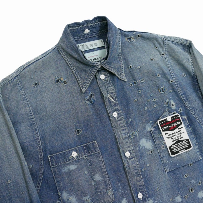 画像3: 【40%OFF】DAIRIKU/"Damage" Denim Work Over Shirt（Indigo）［ダメージ加工デニムワークオーバーシャツ-24春夏］