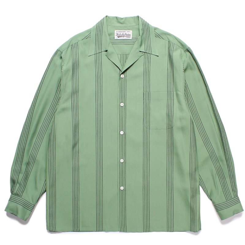 画像1: WACKO MARIA/STRIPED OPEN COLLAR SHIRT（GREEN）［ストライプオープンカラーシャツ-24春夏］