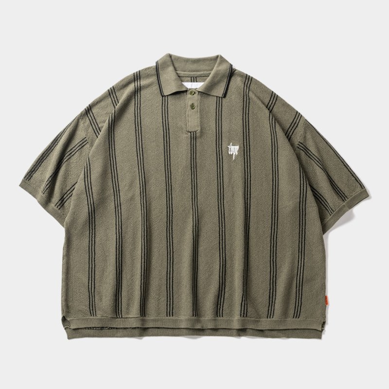 画像1: TIGHTBOOTH/STRIPE KNIT POLO（Olive）［ストライプニットポロ-24春夏］