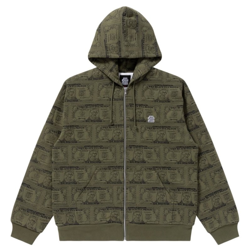 画像1: BlackEyePatch/DOLLAR BILL COVERED ZIP HOODIE（OLIVE）