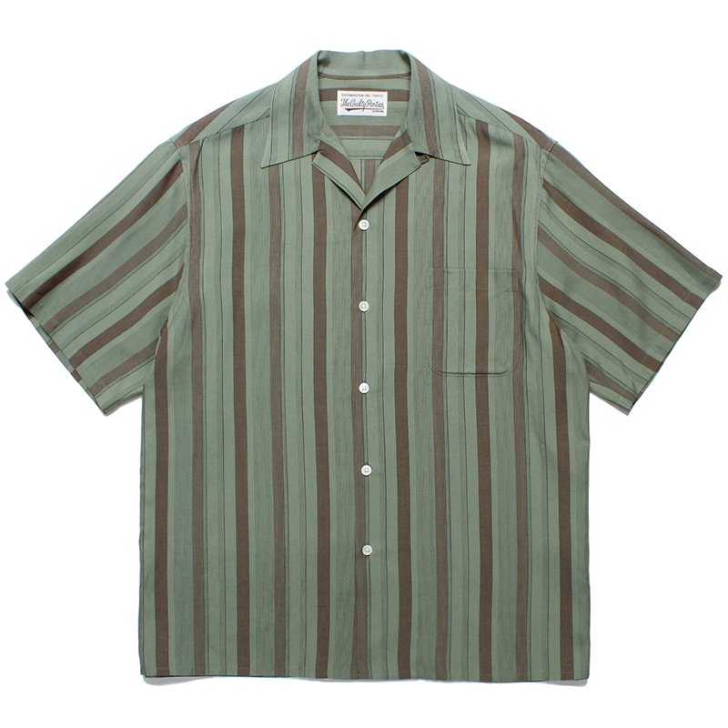 画像1: WACKO MARIA/STRIPED OPEN COLLAR SHIRT（GREEN）［ストライプオープンカラーシャツ-24春夏］
