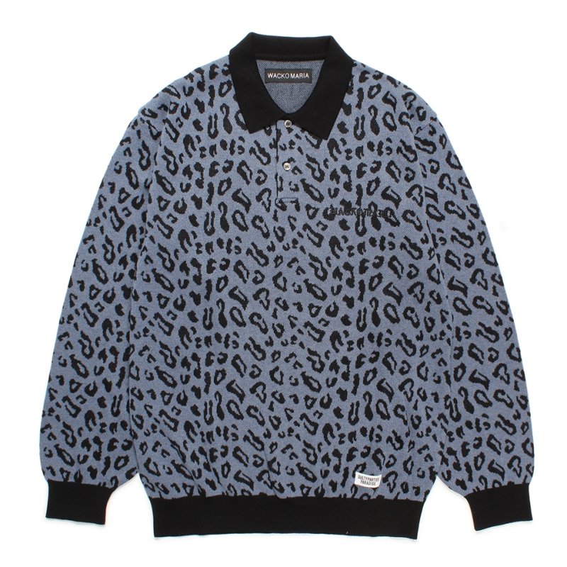 画像1: WACKO MARIA/LEOPARD JACQUARD KNIT POLO SHIRT（BLUE）［レオパードジャガードニットポロ-24秋冬］