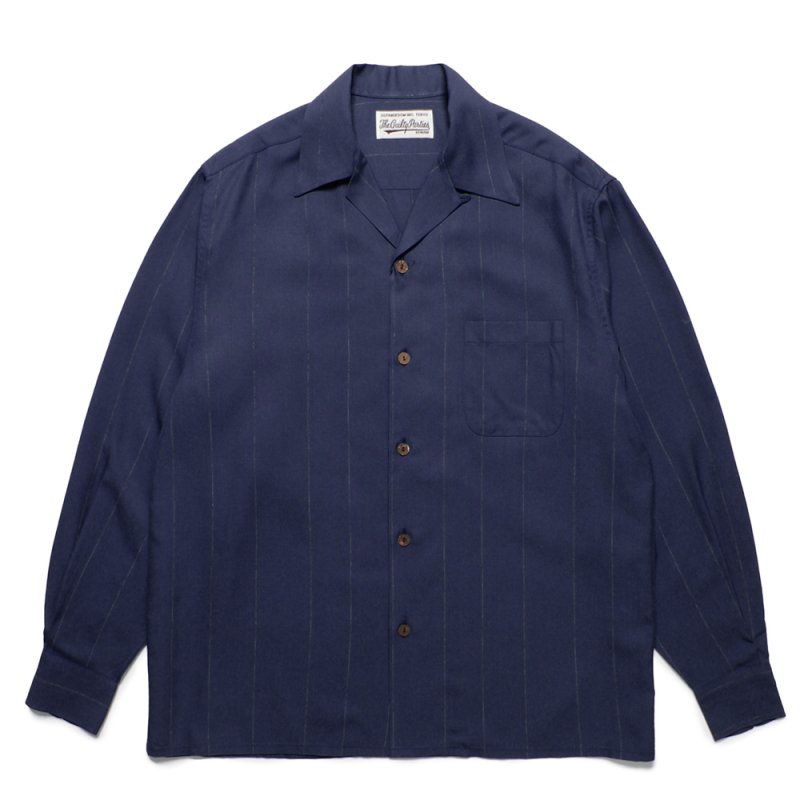 画像1: WACKO MARIA/KASURI STRIPED OPEN COLLAR SHIRT（NAVY）［カスリストライプオープンカラーシャツ-25春夏］