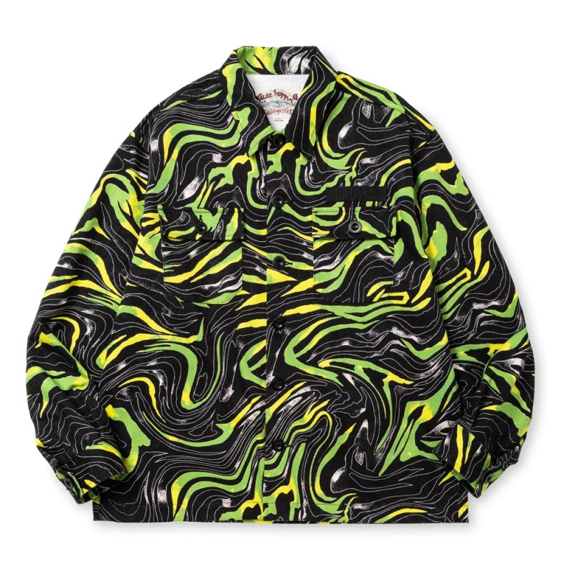 画像1: CALEE/CAMO PATTERN OVER SHILHOUETTE L/S SHIRT JACKET（BLACK/GREEN）［カモパターンシャツJKT-25春夏］