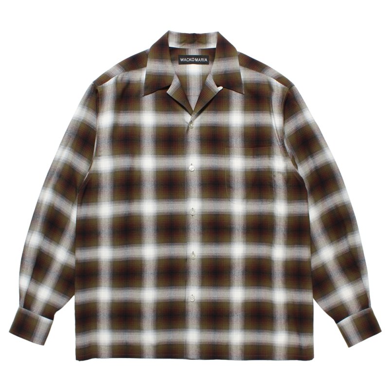 画像1: WACKO MARIA/OMBRE CHECK OPEN COLLAR SHIRT（KHAKI）［オンブレチェックオープンカラーシャツ-25秋冬］