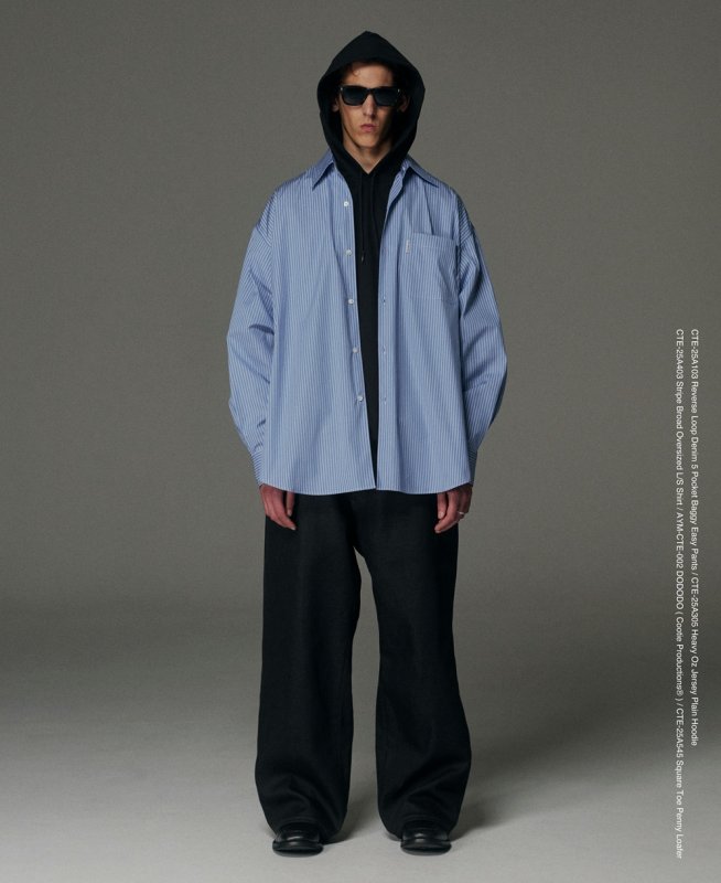COOTIE PRODUCTIONS/Stripe Broad Oversized L/S Shirt（Blue
