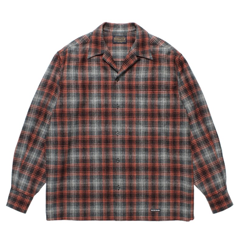画像1: WACKO MARIA/PENDLETON / WOOL OMBRE CHECK OPEN COLLAR SHIRT（GRAY/ORANGE）［ウールオンブレチェックオープンカラーシャツ-25秋冬］