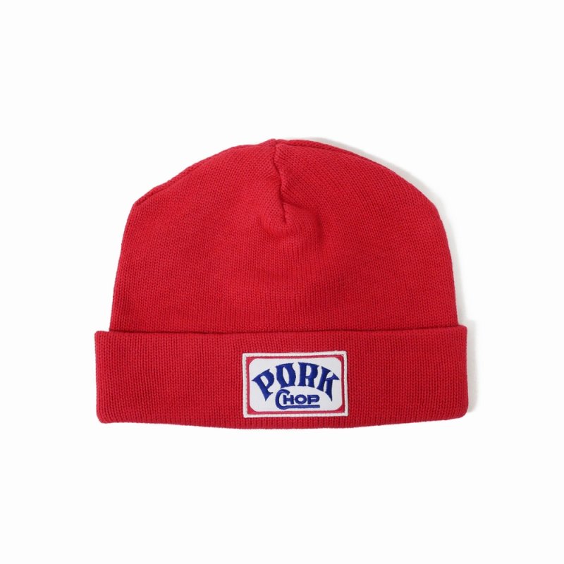 画像1: PORKCHOP/SQUARE WAPPEN BEANIE CAP（RED）［スクエアワッペンビーニーキャップ-25秋冬］