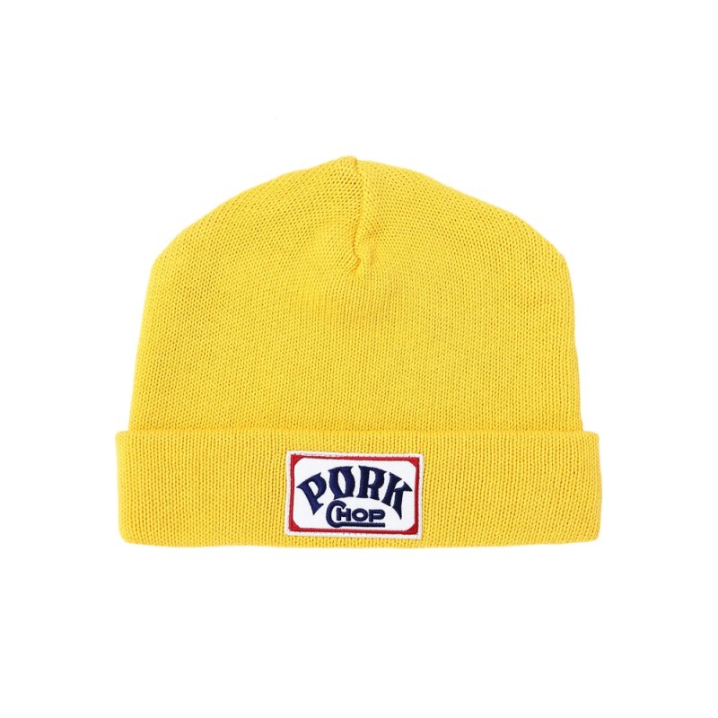 画像1: PORKCHOP/SQUARE WAPPEN BEANIE CAP（YELLOW）［スクエアワッペンビーニーキャップ-25秋冬］
