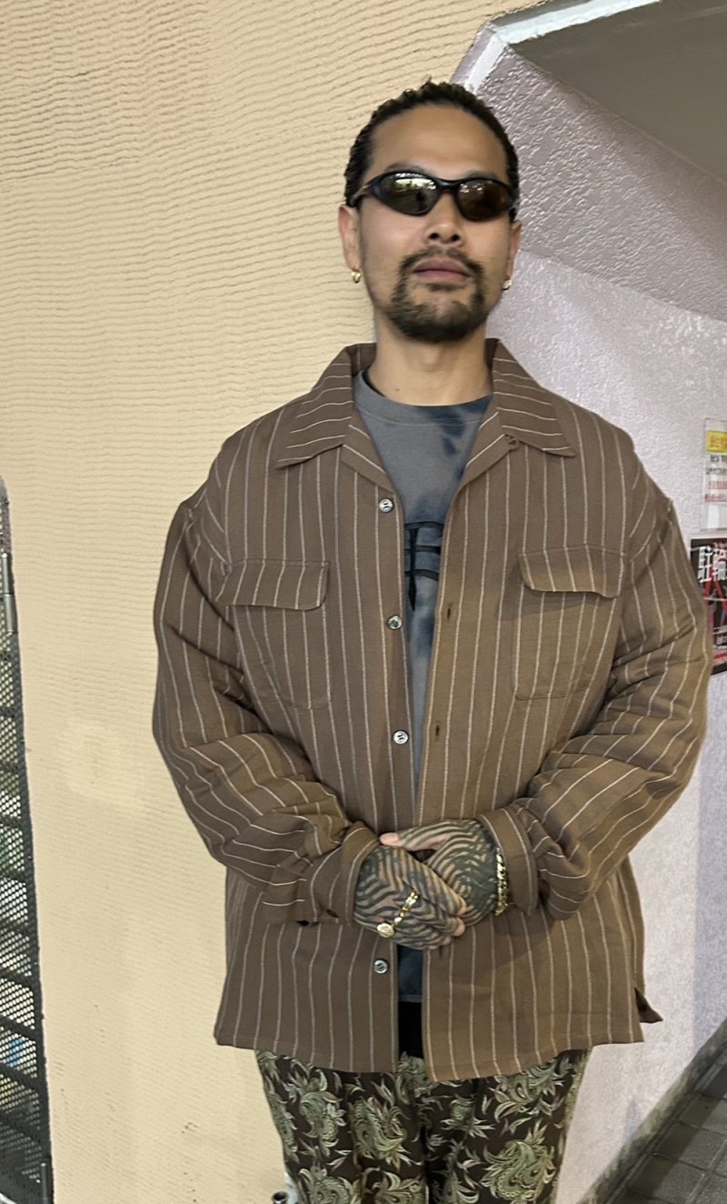 画像2: exodus/RAYON/HEMP PINSTRIPE OPEN COLLAR SHIRT（BROWN/WHITE）［ピンストライプオープンカラーシャツ-25秋冬］