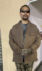 画像2: exodus/RAYON/HEMP PINSTRIPE OPEN COLLAR SHIRT（BROWN/WHITE）［ピンストライプオープンカラーシャツ-25秋冬］ (2)