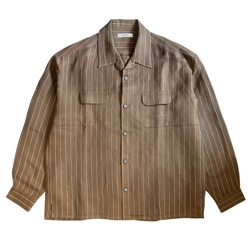 画像1: exodus/RAYON/HEMP PINSTRIPE OPEN COLLAR SHIRT（BROWN/WHITE）［ピンストライプオープンカラーシャツ-25秋冬］