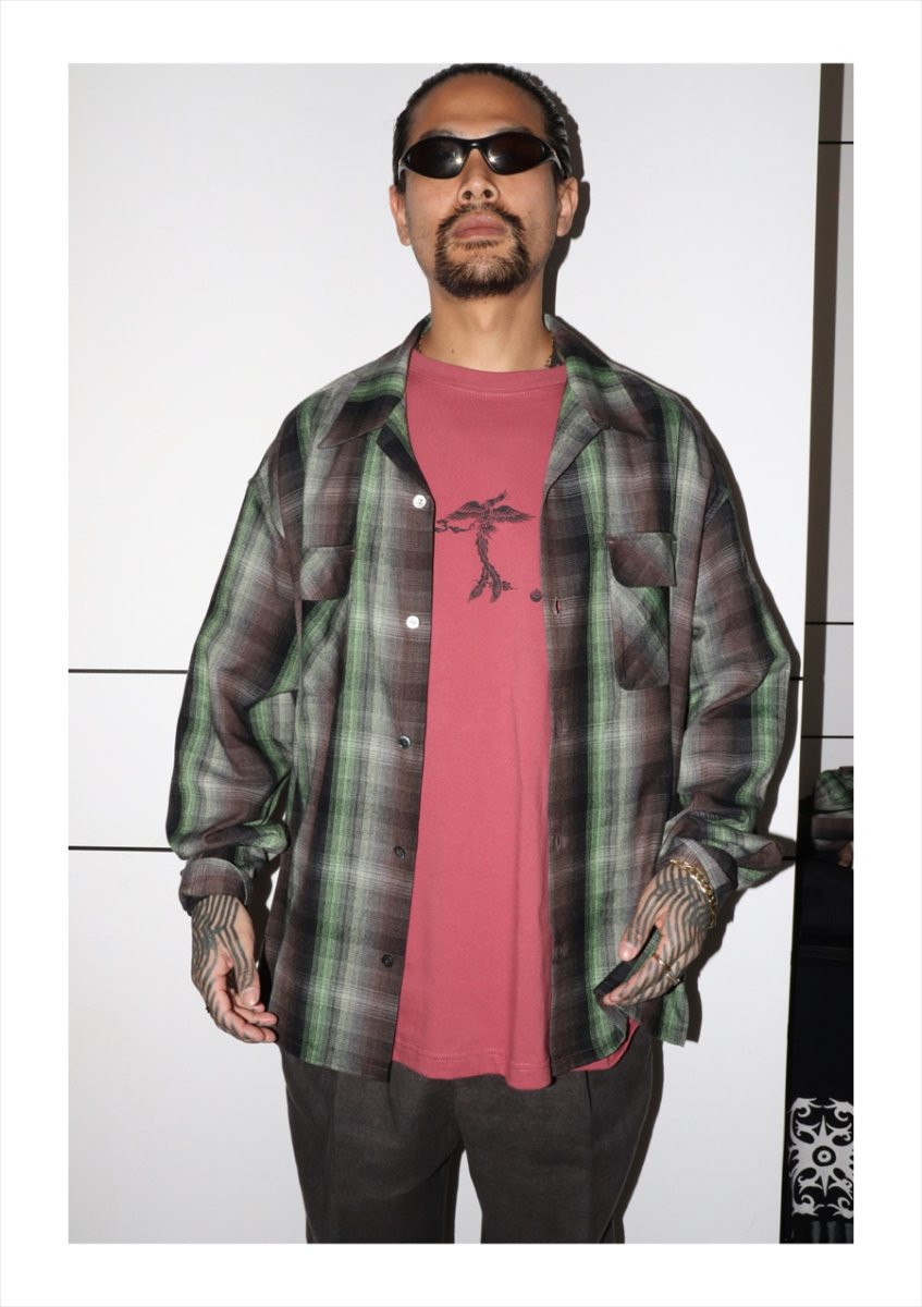 画像2: exodus/HEAVY WEIGHT RAYON OMBRE CHECK OPEN COLLAR SHIRT（BROWN/GREEN）［オンブレチェックオープンカラーシャツ-25秋冬］ (2)