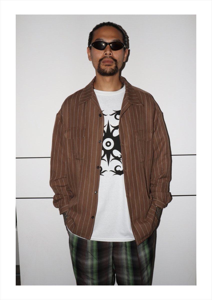 画像3: exodus/RAYON/HEMP PINSTRIPE OPEN COLLAR SHIRT（BROWN/WHITE）［ピンストライプオープンカラーシャツ-25秋冬］ (3)
