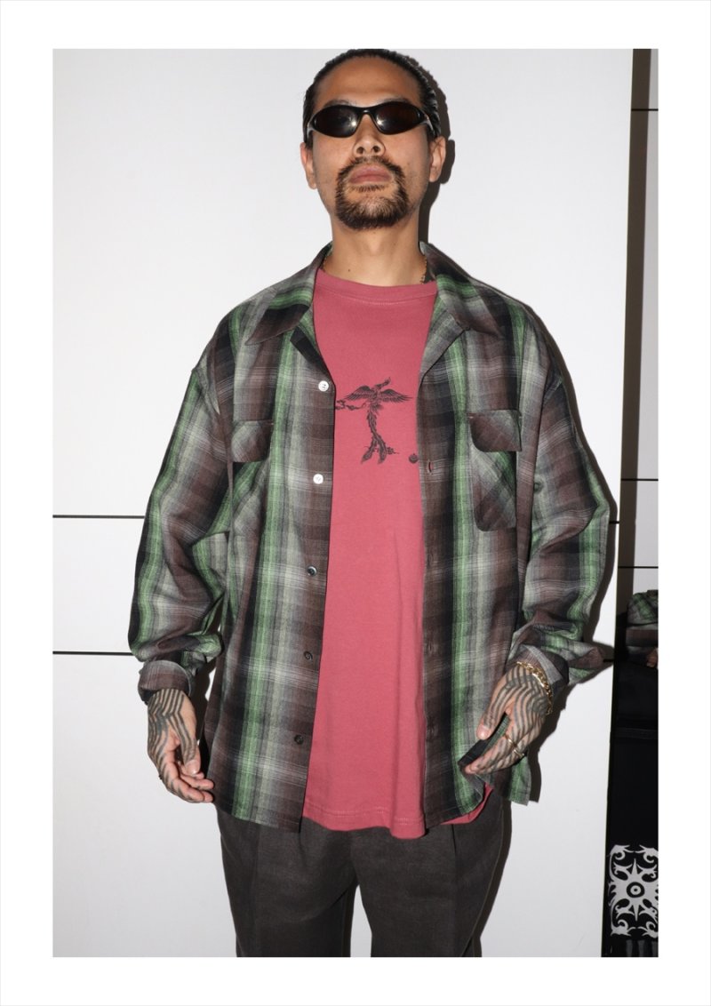 画像2: exodus/HEAVY WEIGHT RAYON OMBRE CHECK OPEN COLLAR SHIRT（BROWN/GREEN）［オンブレチェックオープンカラーシャツ-25秋冬］