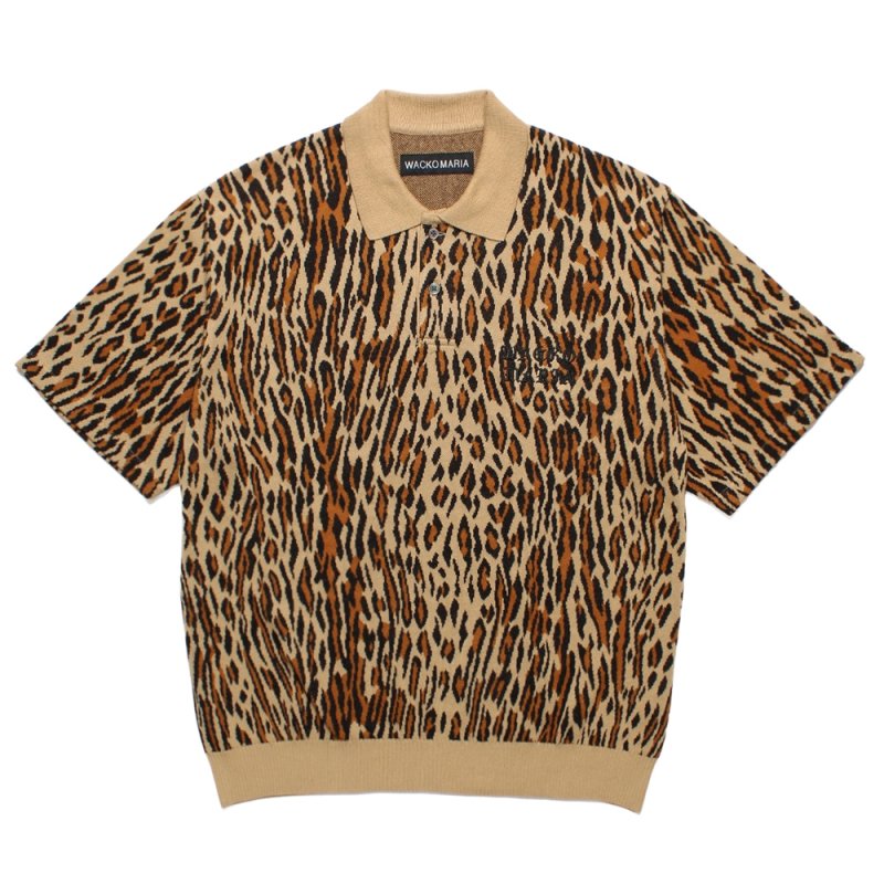 画像1: WACKO MARIA/LEOPARD JACQUARD KNIT POLO SHIRT（BEIGE）［レオパードジャガードニットポロシャツ-26春夏］