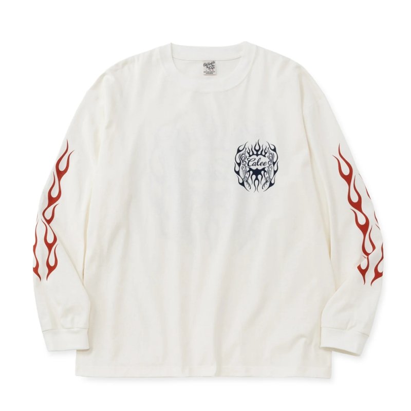 画像1: CALEE/VINTAGE TYPE FLAME LOGO PINSTRIPING L/ S TEE ＜NATURALLY PAINT DESIGN＞（WHITE）［プリント長袖T-26春夏］
