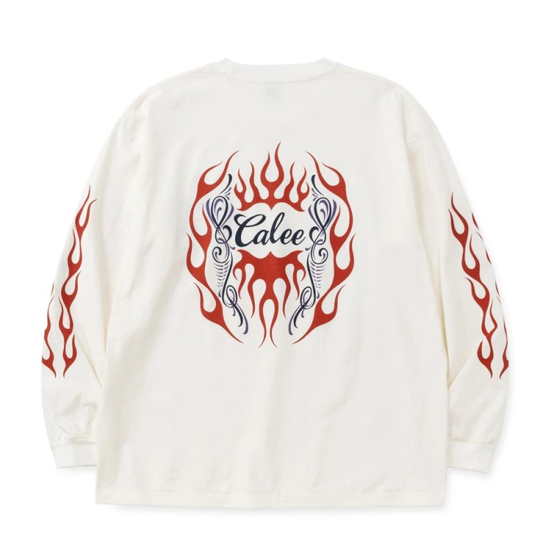 画像2: CALEE/VINTAGE TYPE FLAME LOGO PINSTRIPING L/ S TEE ＜NATURALLY PAINT DESIGN＞（WHITE）［プリント長袖T-26春夏］
