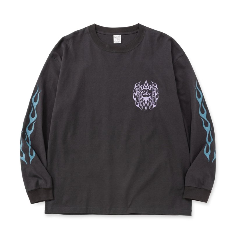 画像1: CALEE/VINTAGE TYPE FLAME LOGO PINSTRIPING L/ S TEE ＜NATURALLY PAINT DESIGN＞（INK BLACK）［プリント長袖T-26春夏］