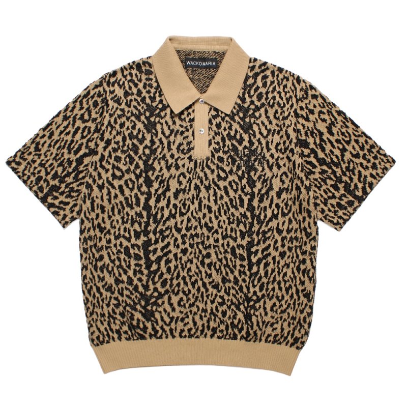 画像1: WACKO MARIA/LEOPARD JACQUARD KNIT POLO SHIRT（LIGHT BROWN）［レオパードジャガードニットポロシャツ-26春夏］