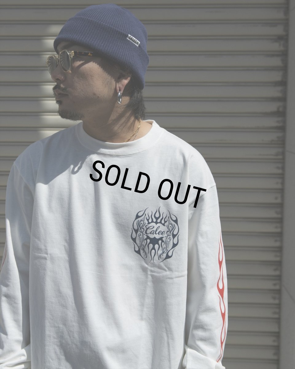 画像4: CALEE/VINTAGE TYPE FLAME LOGO PINSTRIPING L/ S TEE ＜NATURALLY PAINT DESIGN＞（WHITE）［プリント長袖T-26春夏］ (4)