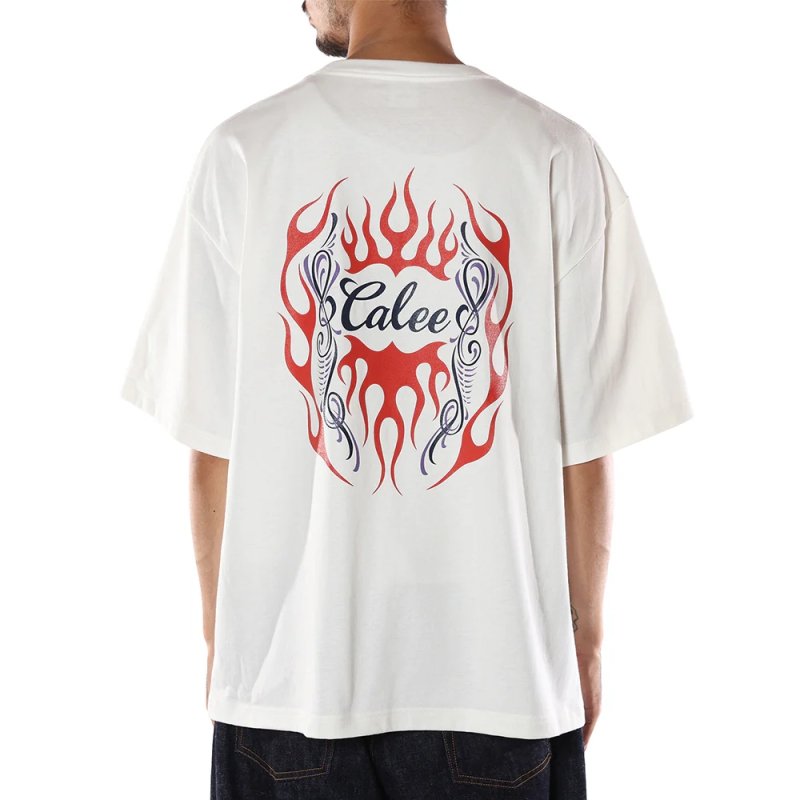 画像3: CALEE/VINTAGE TYPE FLAME LOGO PINSTRIPING S/ S TEE ＜NATURALLY PAINT DESIGN＞（WHITE）［プリントT-26春夏］