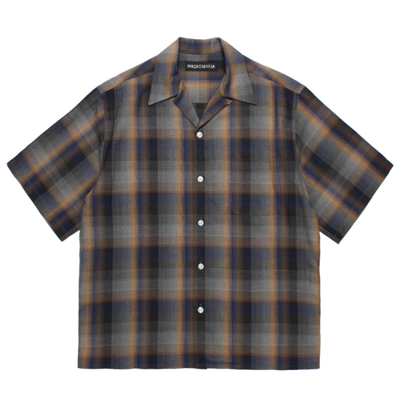 画像1: WACKO MARIA/OMBRE CHECK OPEN COLLAR SHIRT（BLUE）［オンブレチェックオープンカラーシャツ-26春夏］