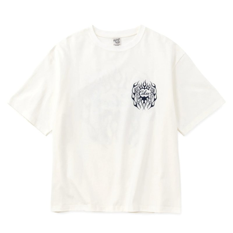 画像1: CALEE/VINTAGE TYPE FLAME LOGO PINSTRIPING S/ S TEE ＜NATURALLY PAINT DESIGN＞（WHITE）［プリントT-26春夏］