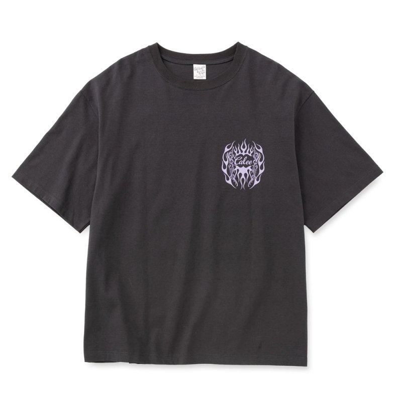 画像1: CALEE/VINTAGE TYPE FLAME LOGO PINSTRIPING S/ S TEE ＜NATURALLY PAINT DESIGN＞（INK BLACK）［プリントT-26春夏］