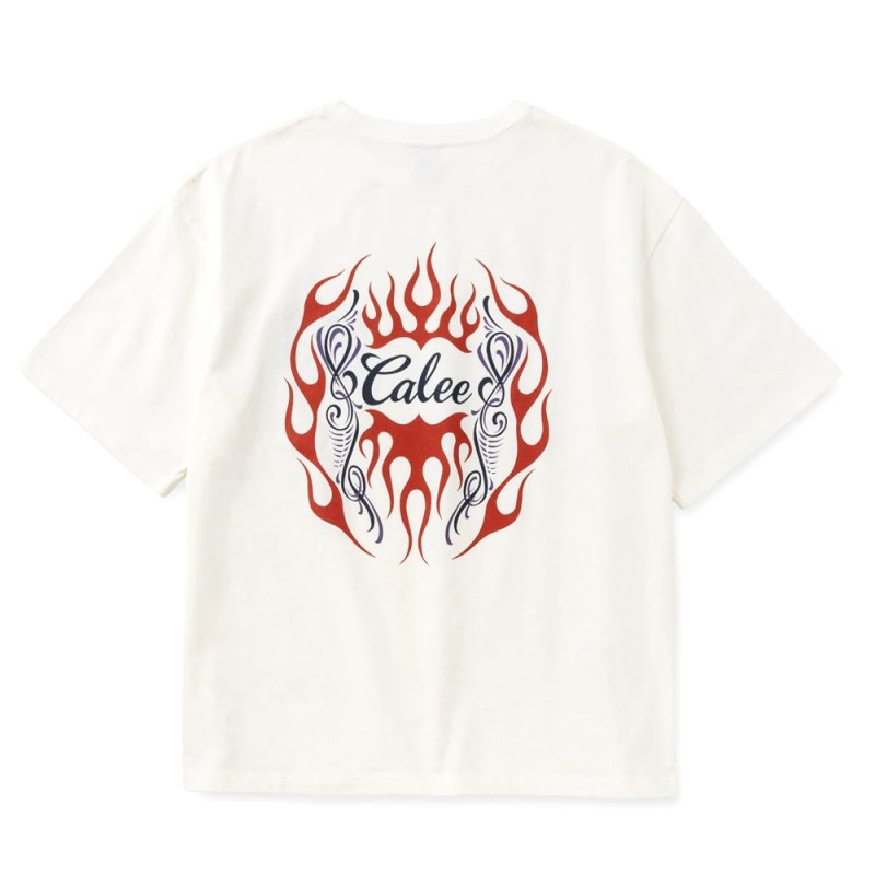 画像2: CALEE/VINTAGE TYPE FLAME LOGO PINSTRIPING S/ S TEE ＜NATURALLY PAINT DESIGN＞（WHITE）［プリントT-26春夏］