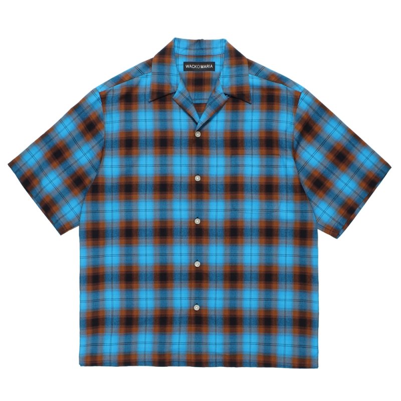 画像1: WACKO MARIA/OMBRE CHECK OPEN COLLAR SHIRT（BLUE）［オンブレチェックオープンカラーシャツ-26春夏］