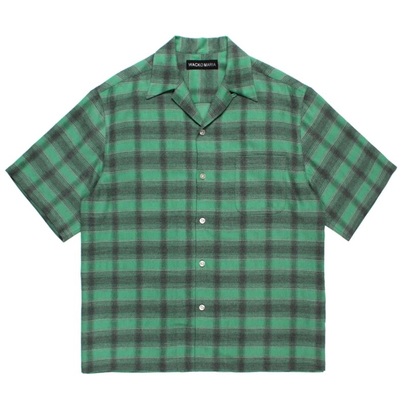 画像1: WACKO MARIA/OMBRE CHECK OPEN COLLAR SHIRT（GREEN）［オンブレチェックオープンカラーシャツ-26春夏］
