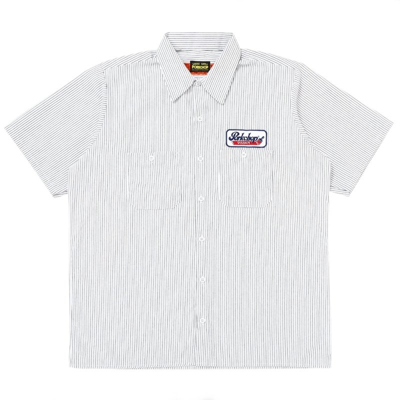 画像1: PORKCHOP/PCP WAPPEN WORK SHIRT（D.NAVY STRIPE）［PCPワッペンワークシャツ-26春夏］
