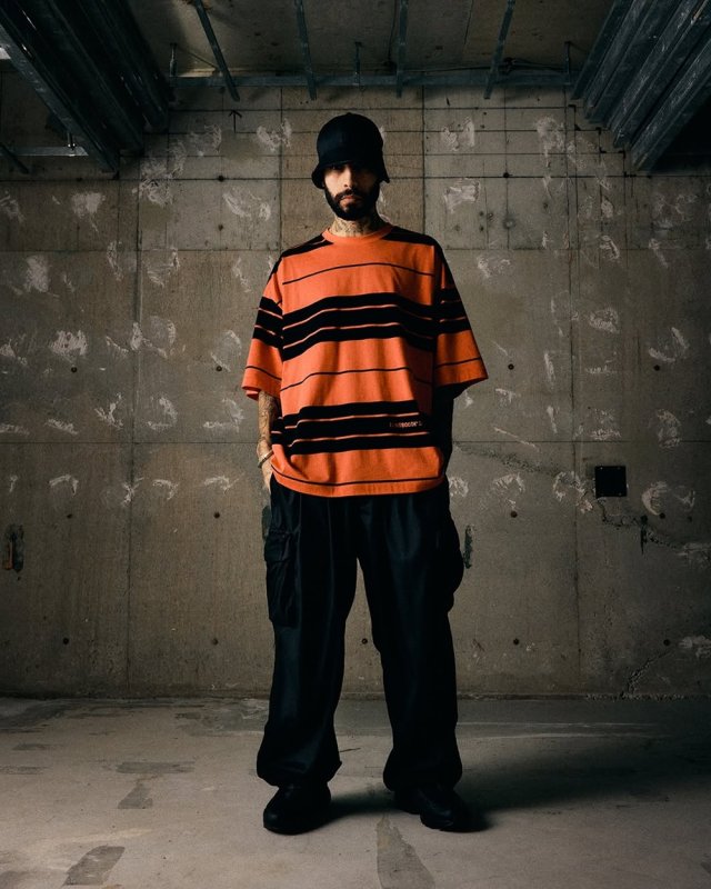 TIGHTBOOTH/STRIPE BAGGY CARGO PANTS（Black）［ストライプバギーカー