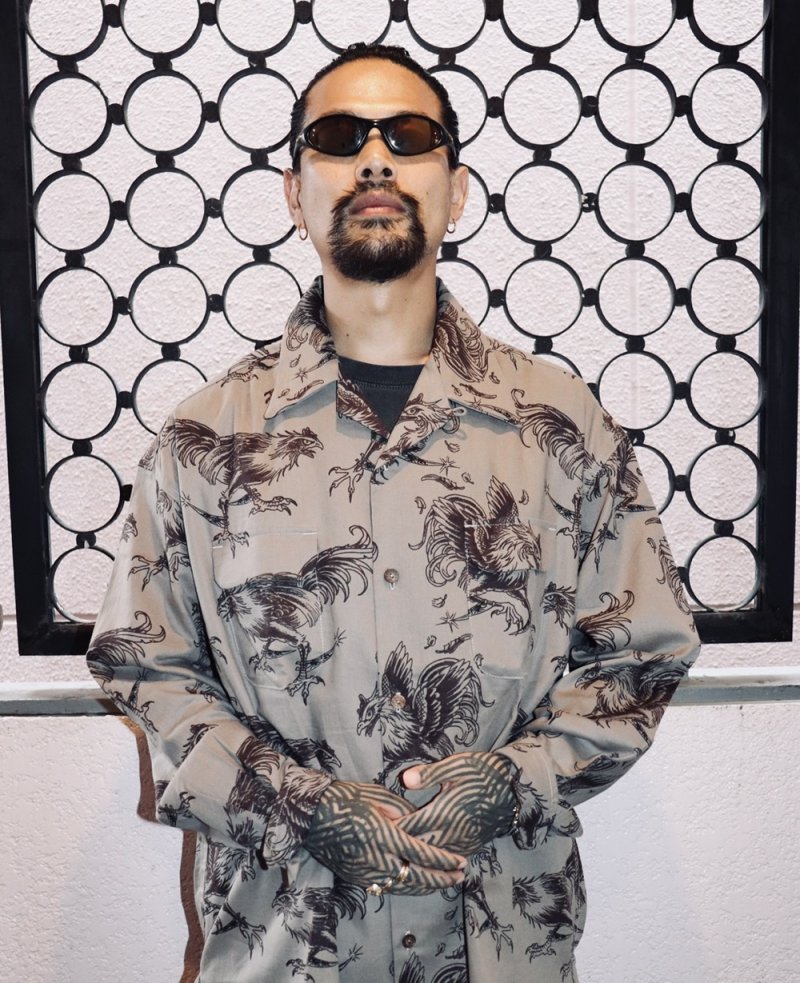 画像3: exodus brand/COCKFIGHTING SOUVENIR L/S HAWAIIAN SHIRT（BEIGE）［ハワイアンシャツ-26秋冬］