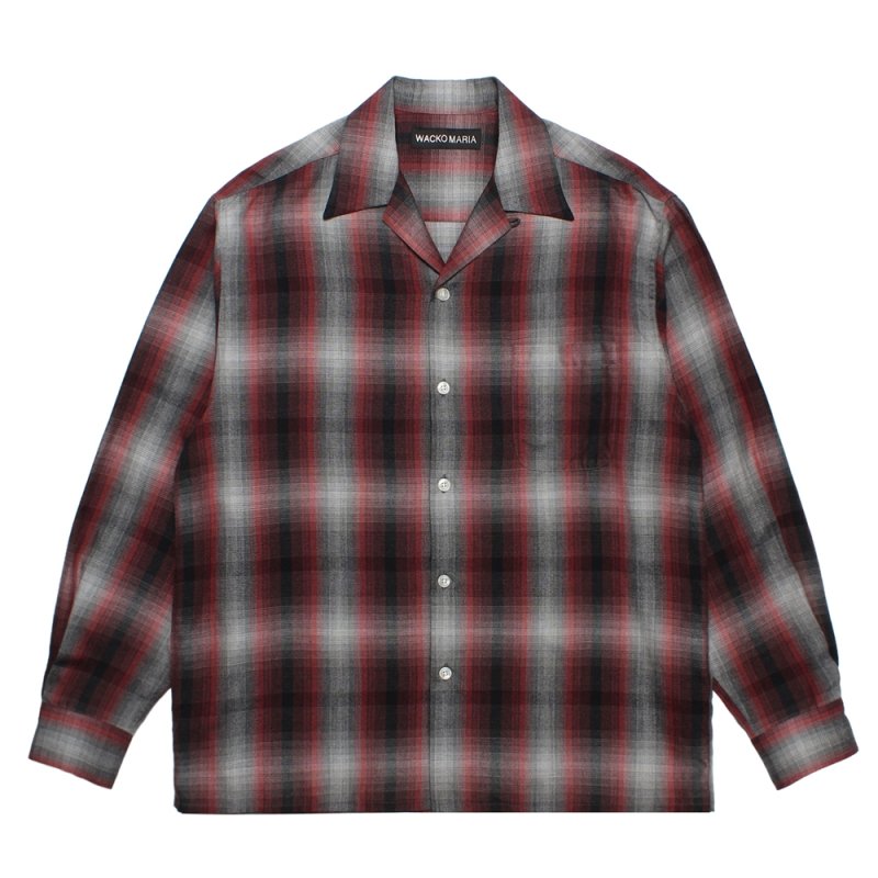 画像1: WACKO MARIA/OMBRE CHECK OPEN COLLAR SHIRT（RED）［オンブレチェックオープンカラーシャツ-26秋冬］