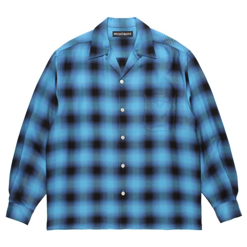 画像1: WACKO MARIA/OMBRE CHECK OPEN COLLAR SHIRT（BLUE）［オンブレチェックオープンカラーシャツ-26秋冬］