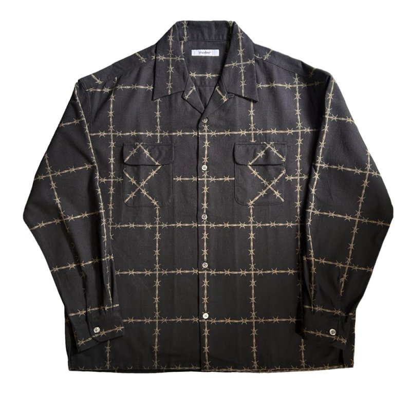 画像1: exodus brand/有刺鉄線 OPEN COLLAR L/S SHIRT（BLACK）［有刺鉄線オープンカラーシャツ-26秋冬］