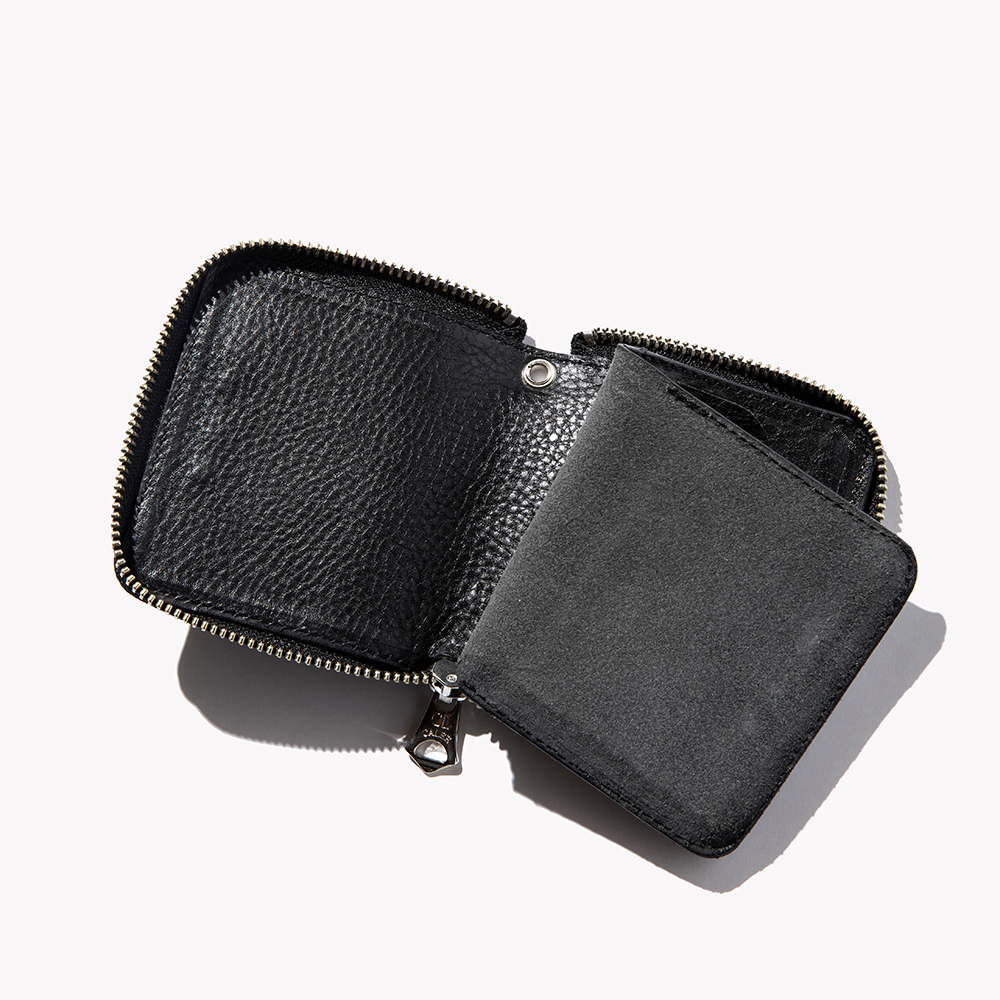 CALEE/Silver plate round zip leather short wallet（ブラック 