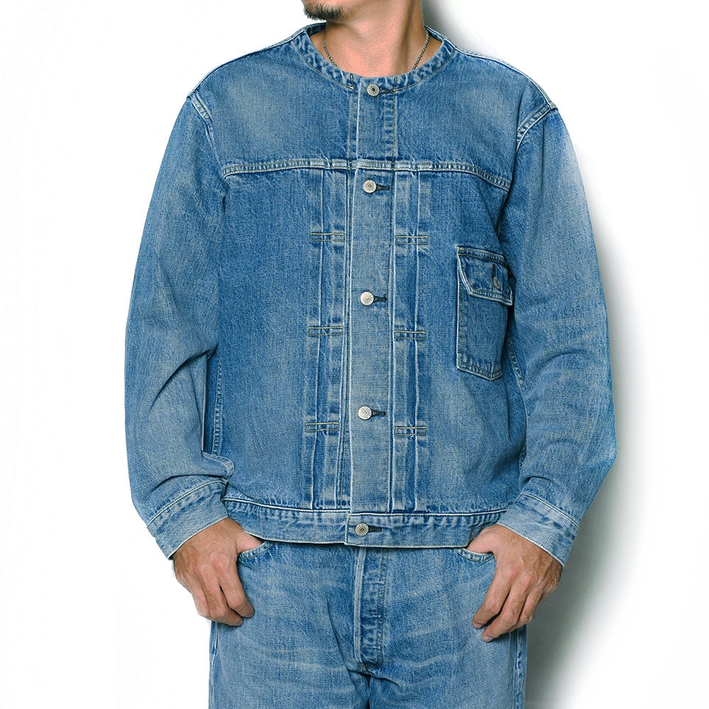 CALEE/1st type no collar used denim jacket（ユーズドインディゴ 