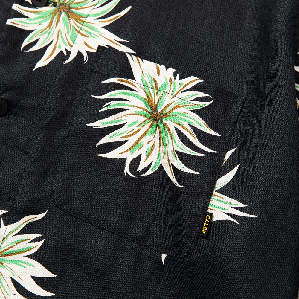 CALEE/Allover flower pattern linen no collar L/S shirt（ブラック 
