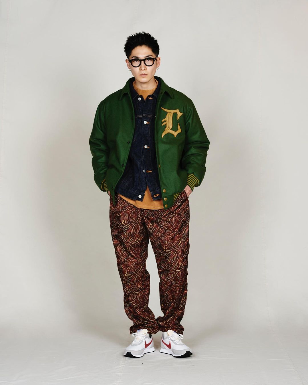 CALEE/College type wappen wool stadium jumper(Green)[メルトン