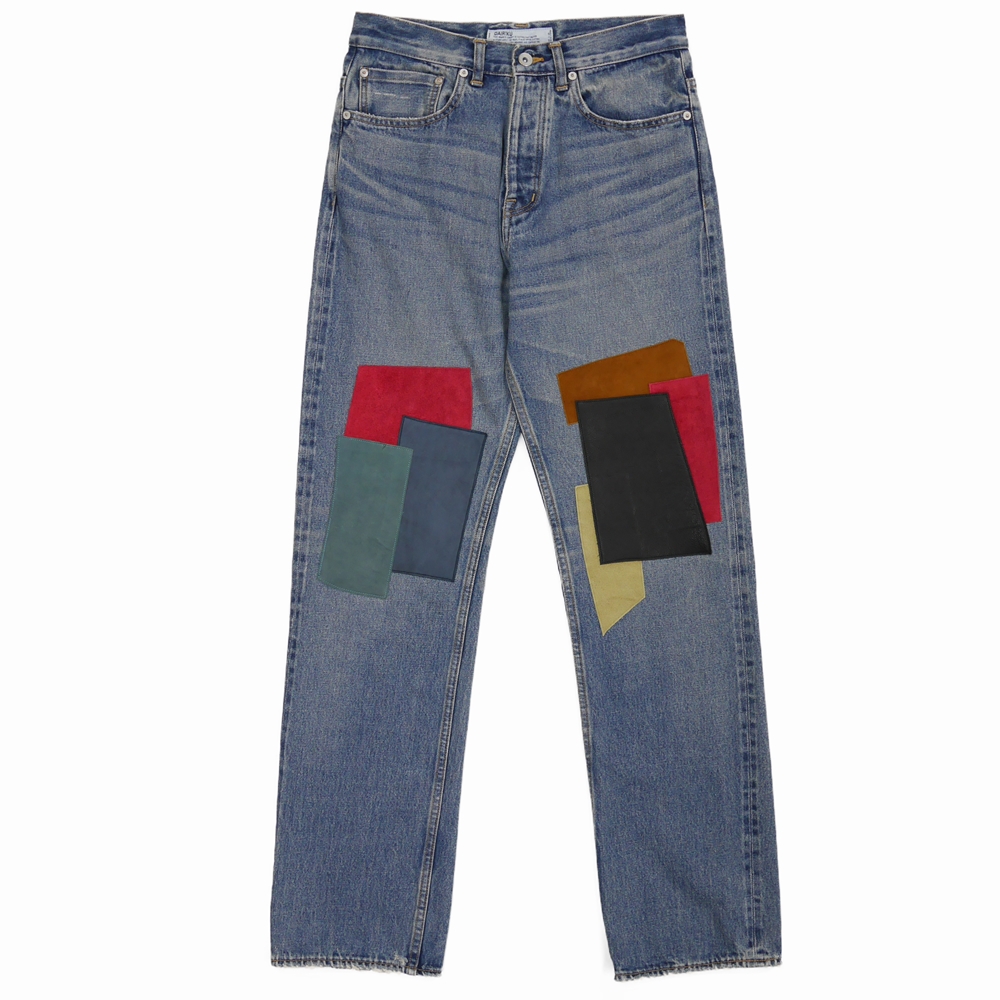 DAIRIKU Leather Patch Work Denim Pants | angeloawards.com