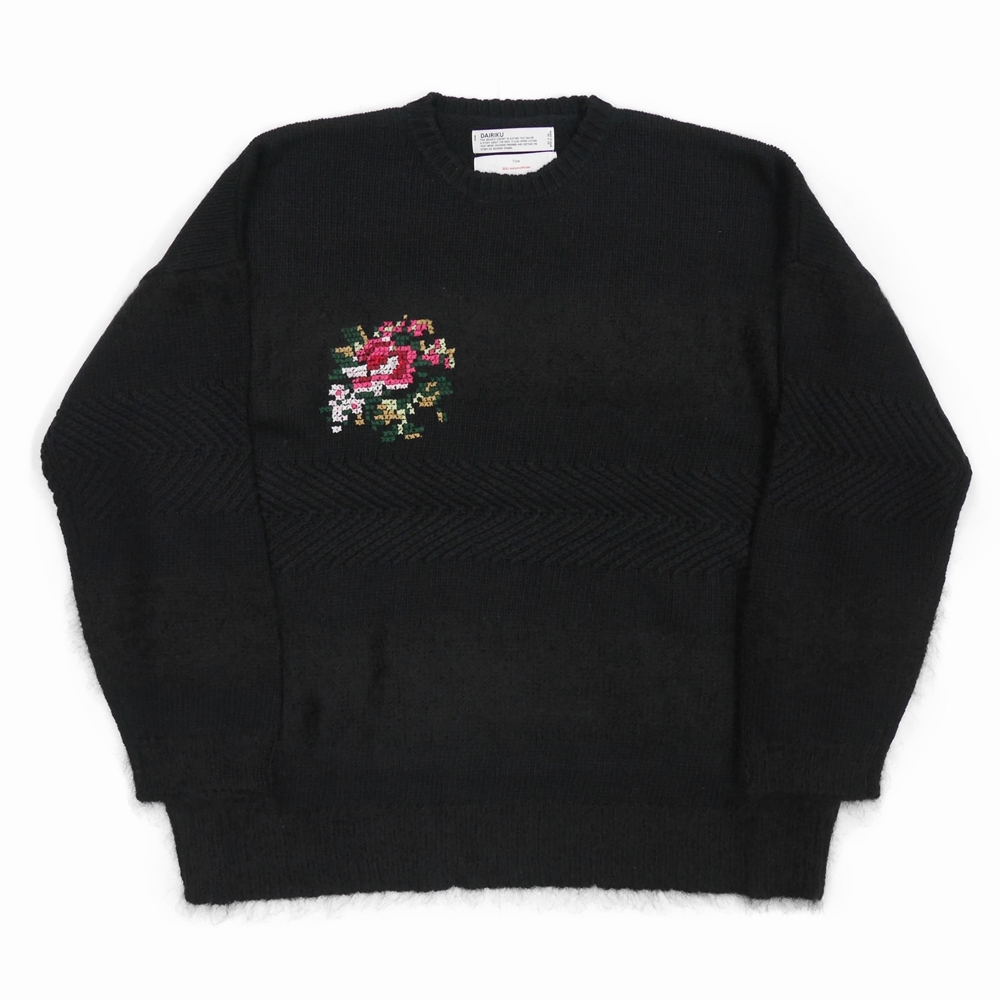 DAIRIKU/Flower Cross Embroidery Border Knit（ブラック）［フラワー