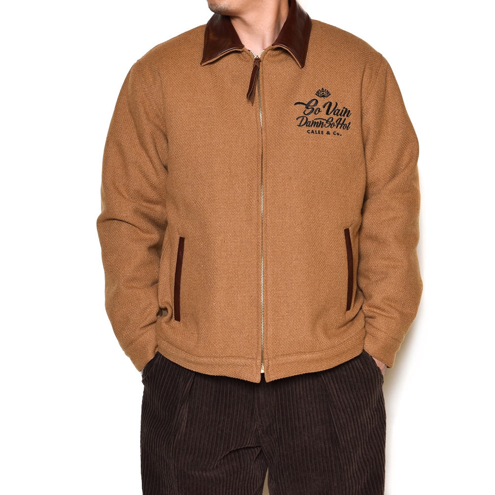 CALEE/Embroidery leather collar wool sports type jacket(ブラウン