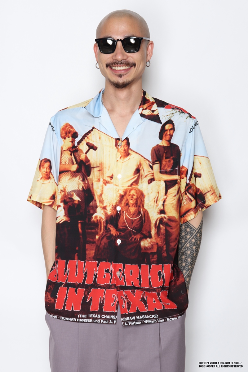 WACKO MARIA ワコマリア 22SS×THE TEXAS CHAINSAW MASSACRE S/S HAWAIIAN SHIRT×悪魔のいけにえコラボ ハワイアン総柄半袖シャツ ブラック