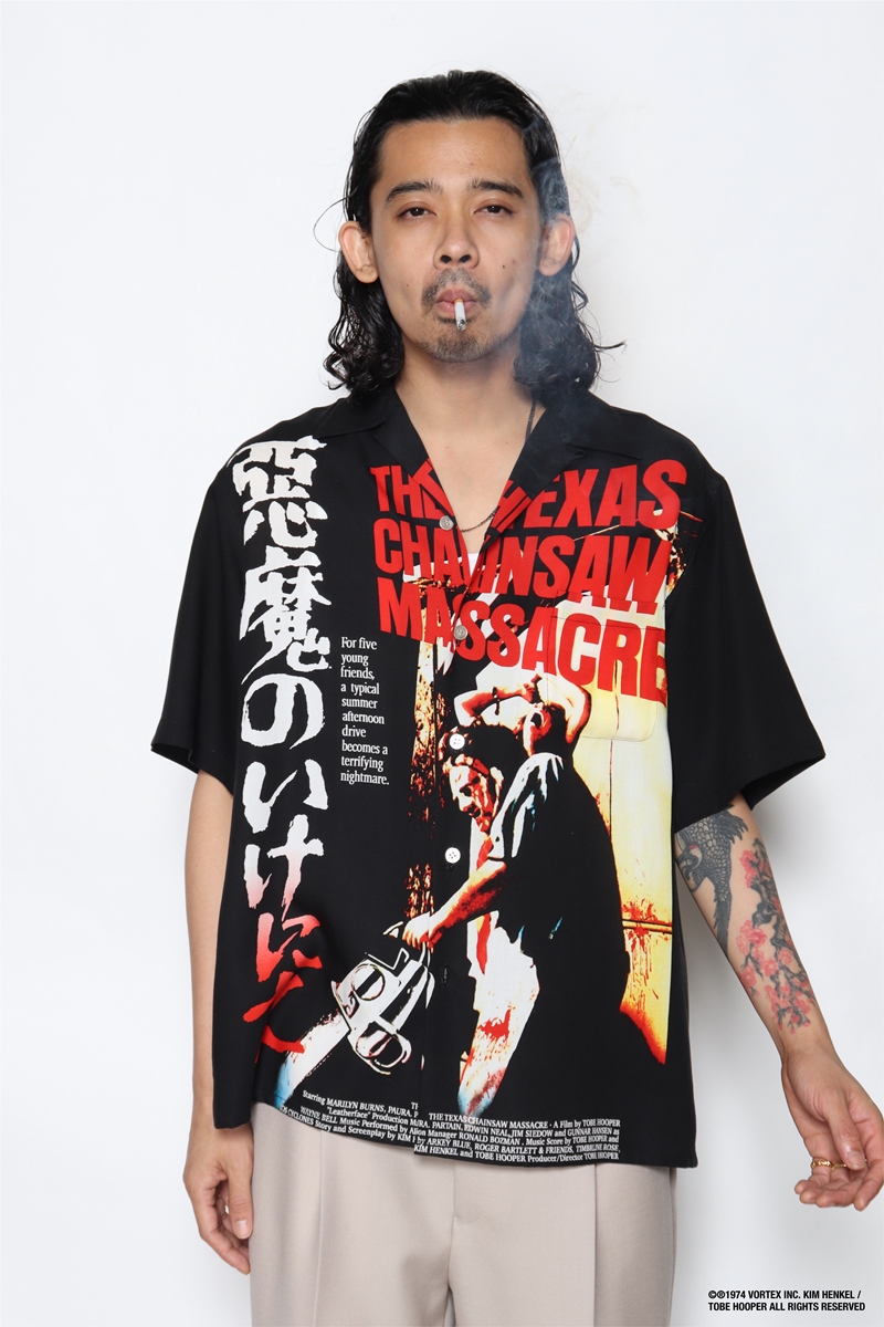 WACKO MARIA ワコマリア 22SS×THE TEXAS CHAINSAW MASSACRE S/S HAWAIIAN SHIRT×悪魔のいけにえコラボ ハワイアン総柄半袖シャツ ブラック